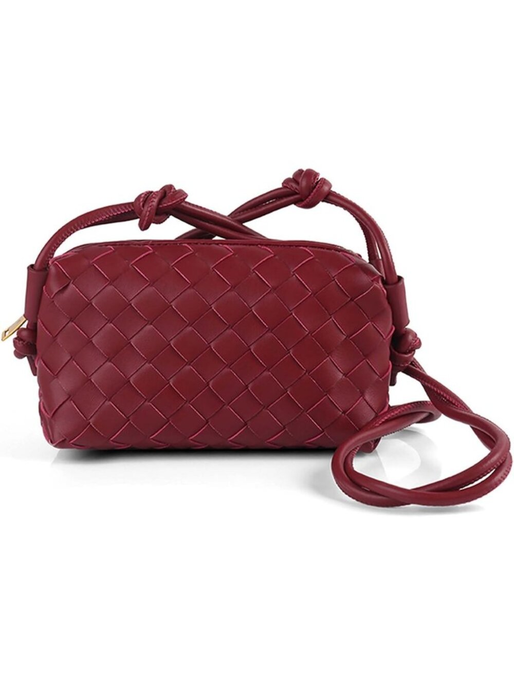 Women's Burgundy Woven Small Vegan Leather Purse Zipper Crossbody Shoulder Bag
